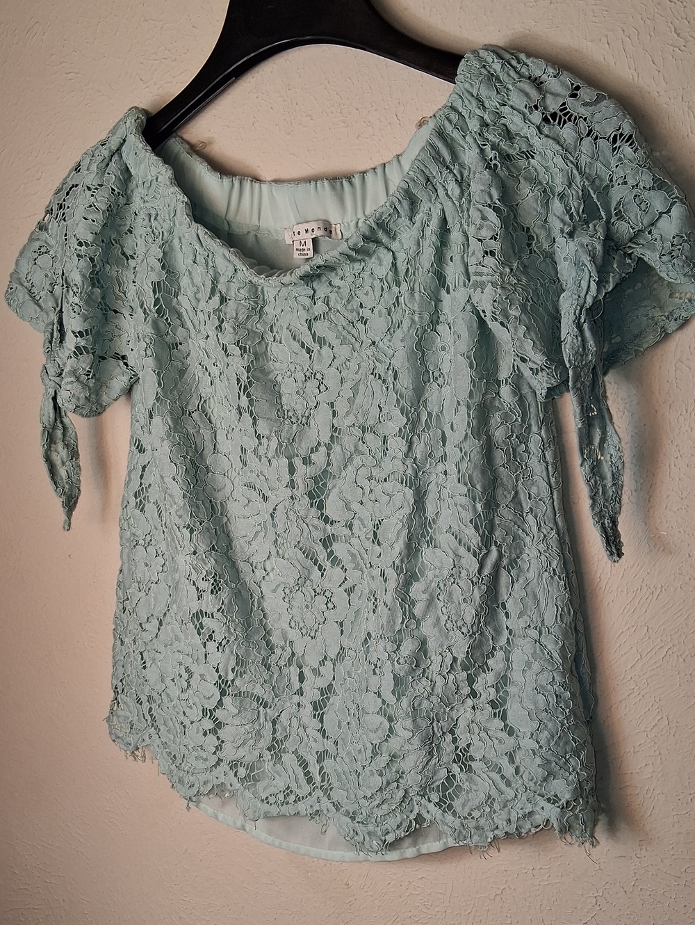 Haute Monde Mint Lace Off The Shoulder Tie-Sleeve Blouse